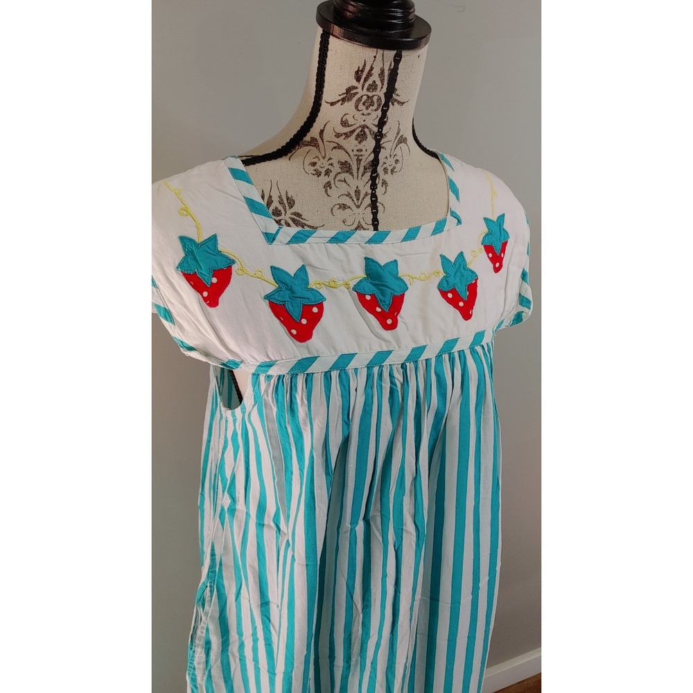 Vintage Sea Wind Womens Cotton Striped Strawberry Embroidered Maxi Dress Blue Sm